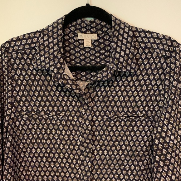 Classic Lila Rose navy/yel/wht tunic with button up sleeves. Sz M. EUC. - Picture 4 of 11